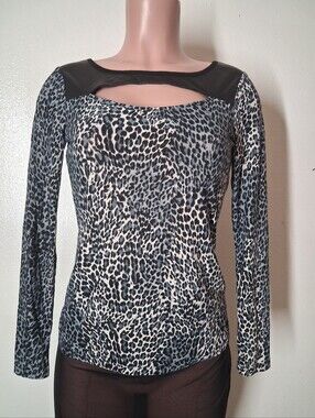 Rolypoly Gray Leopard Print Cutout Top Faux Leather Trim Size M